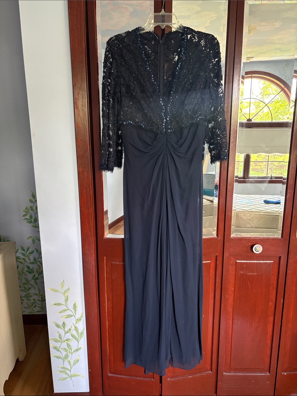 Tadashi Shoji Navy Long Sleeve Sequin Lace Evening Gown